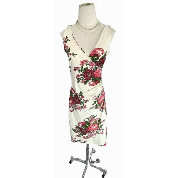 Archive by Betsy Johnson Floral Print Sheath Dress Size Medium Ivory V Neck Sexy - Picture 1 of 13
